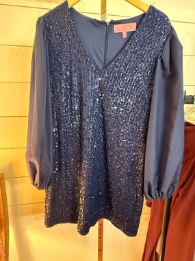 LDT Navy Sequin Mini Dress with Long Sleeves